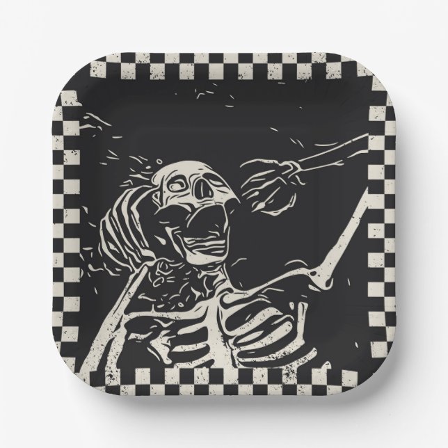 Plato De Papel Halloween Scary Skeleton Black White Checkpoint (Anverso)