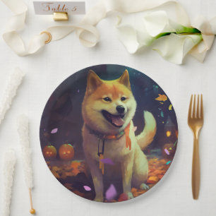 Plato De Papel Halloween Shiba Inu con calabazas aterradoras