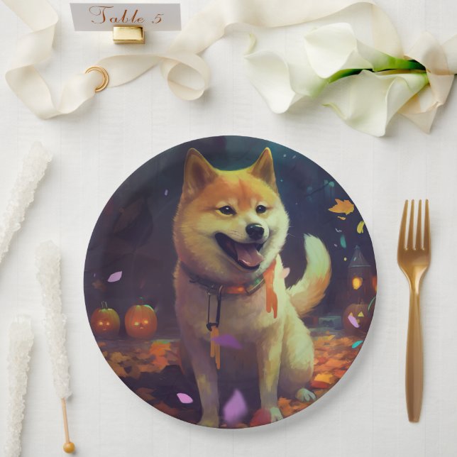 Plato De Papel Halloween Shiba Inu con calabazas aterradoras (Boda)