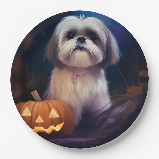 Plato De Papel Halloween Shih Tzu con calabazas aterradoras (Anverso)