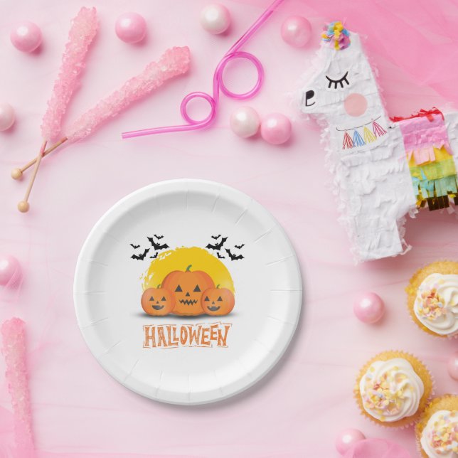 Plato De Papel Halloween simple naranja y negro (Fiesta)