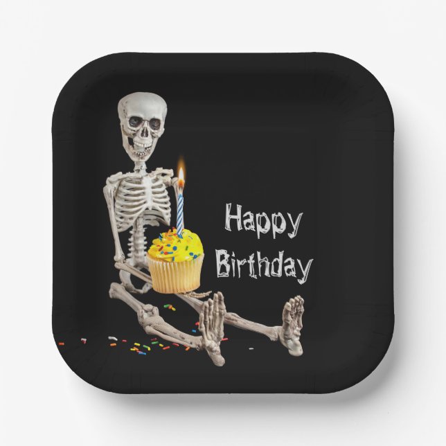 Plato De Papel Halloween Skeleton Birthday on Black (Anverso)