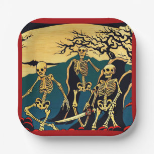 Plato De Papel Halloween - Skeletons Woodcut 4