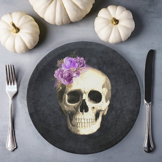 Plato De Papel Halloween Skull (gothic skull purple roses plate gothic Halloween theme)