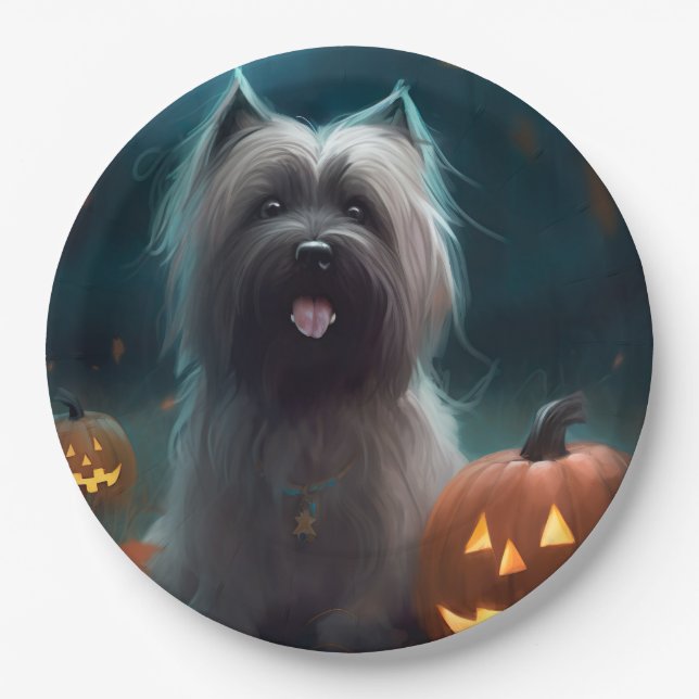 Plato De Papel Halloween Skye Terrier con calabazas aterradoras (Anverso)