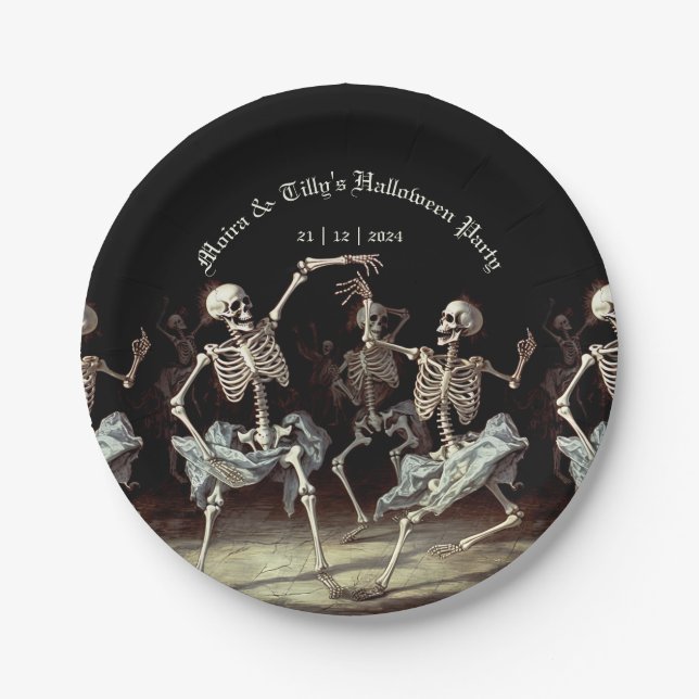 Plato De Papel Halloween sobre la muerte negra bailando esqueleto (Anverso)