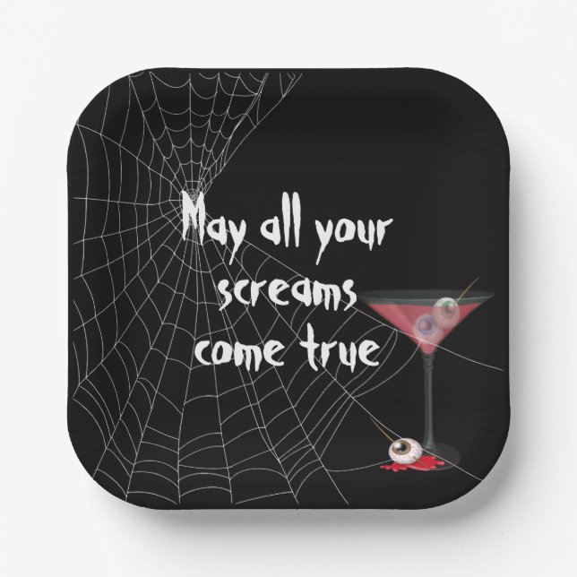 Plato De Papel Halloween Spider Web con Eyeball Martini (Anverso)