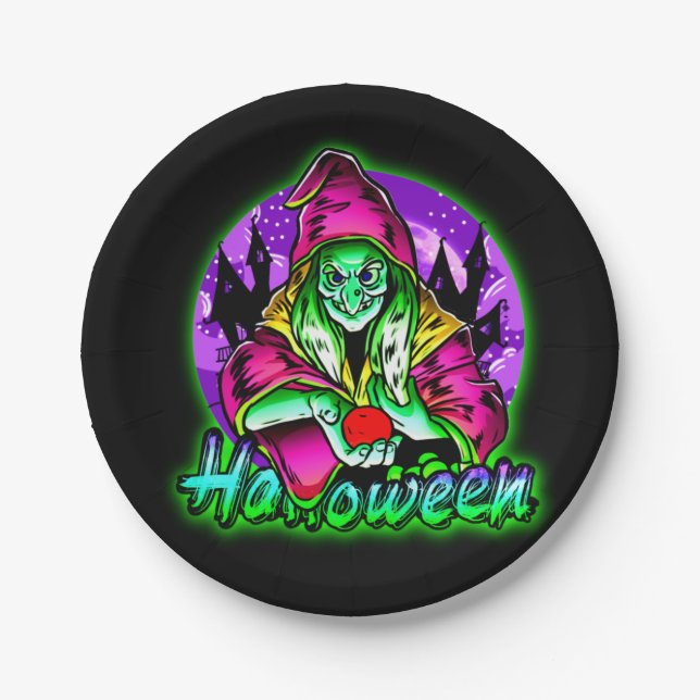 Plato De Papel Halloween Spooky Green Witch Magic Gorra Apple (Anverso)