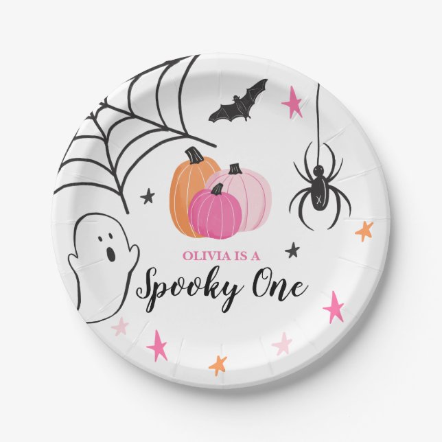 Plato De Papel Halloween Spooky One Birday pink Pumpkins (Anverso)
