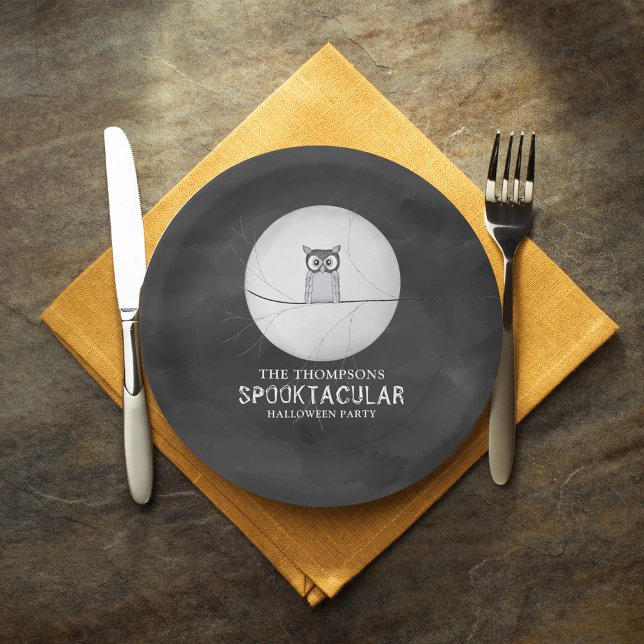Plato De Papel Halloween Spooky Scary Owl Spooktacular Fiesta (Spooky Halloween Owl in the Moonlight Paper Plate. )