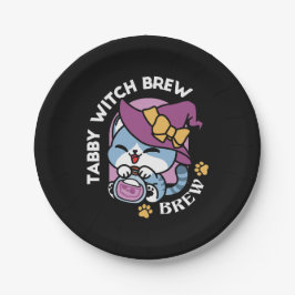 Plato De Papel Halloween Tabby Cat – Witch Hat & Potion Art