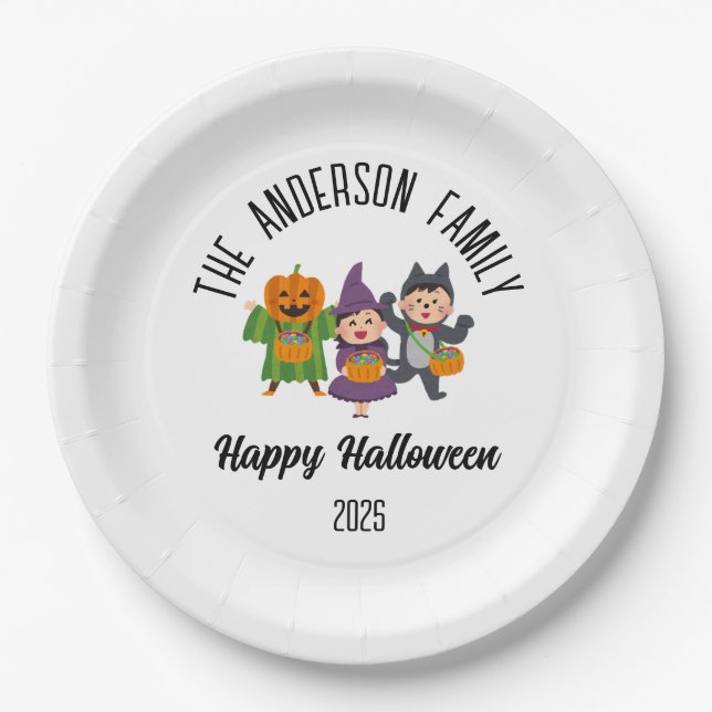 Plato De Papel Halloween Trick o Trato Nombre Personalizado (Anverso)