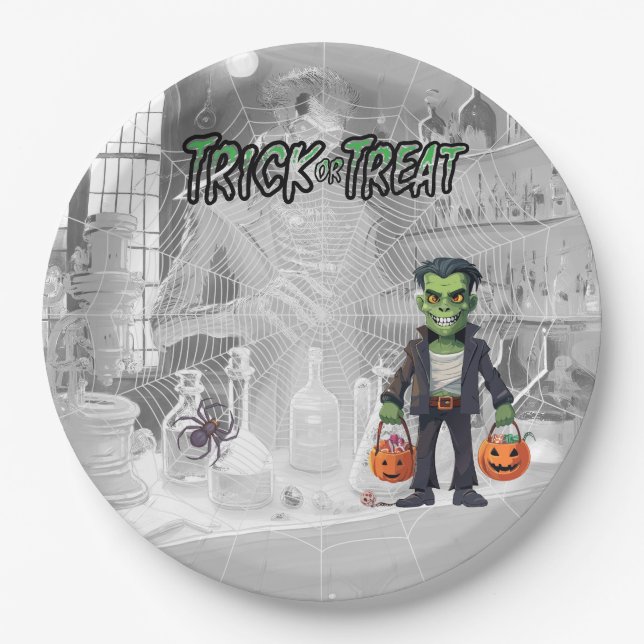 Plato De Papel Halloween Truco o Trato Frankenstein (Anverso)