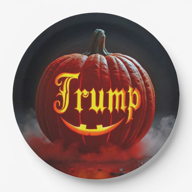 Plato De Papel Halloween Trump Jack-o-lantern en bruma (Anverso)