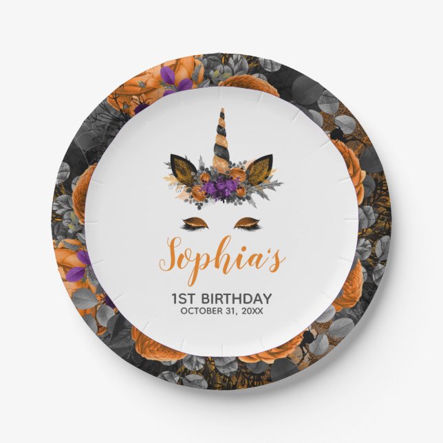 Plato De Papel Halloween Unicornio Naranja Black Birday Party (Anverso)