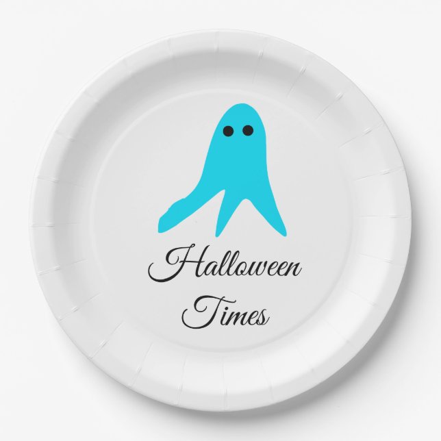 Plato De Papel Halloween veces el fantasma azul garabato dibujado (Anverso)