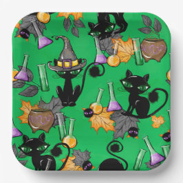 PLATO DE PAPEL HALLOWEEN VERDE CON GATOS NEGROS CUIDADOS