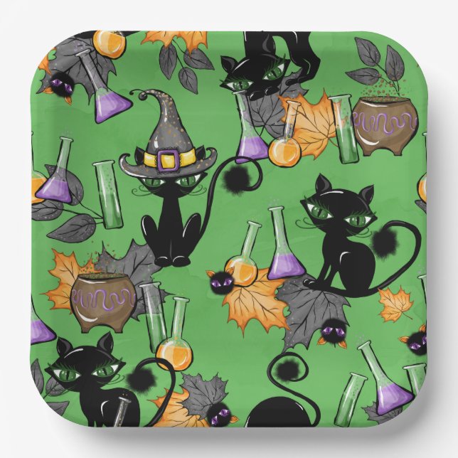 PLATO DE PAPEL HALLOWEEN VERDE CON GATOS NEGROS CUIDADOS (Anverso)