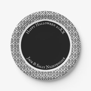 Plato De Papel Halloween victoriano damasco brocado negro sobre b