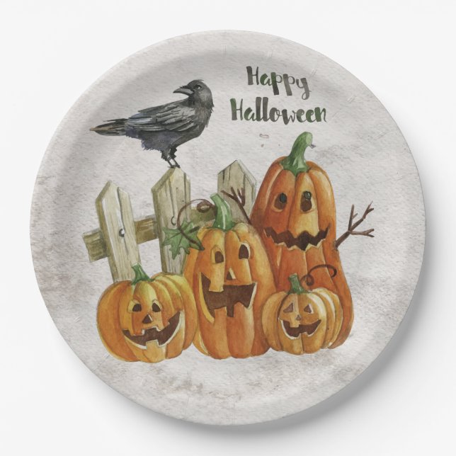 Plato De Papel Halloween Watercolor Happy Pumpkins (Anverso)