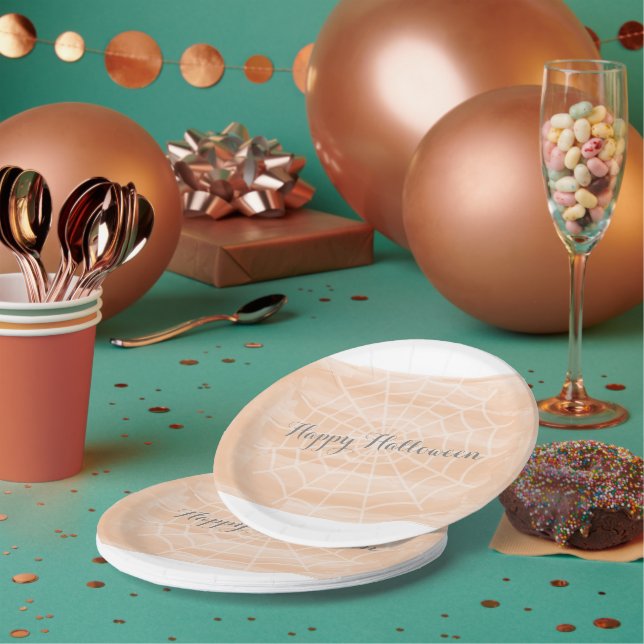 Plato De Papel Halloween web de araña acuarela naranja (Multi)