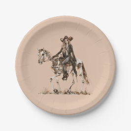 Plato De Papel Halloween Western Cowgirl Skeleton Horse
