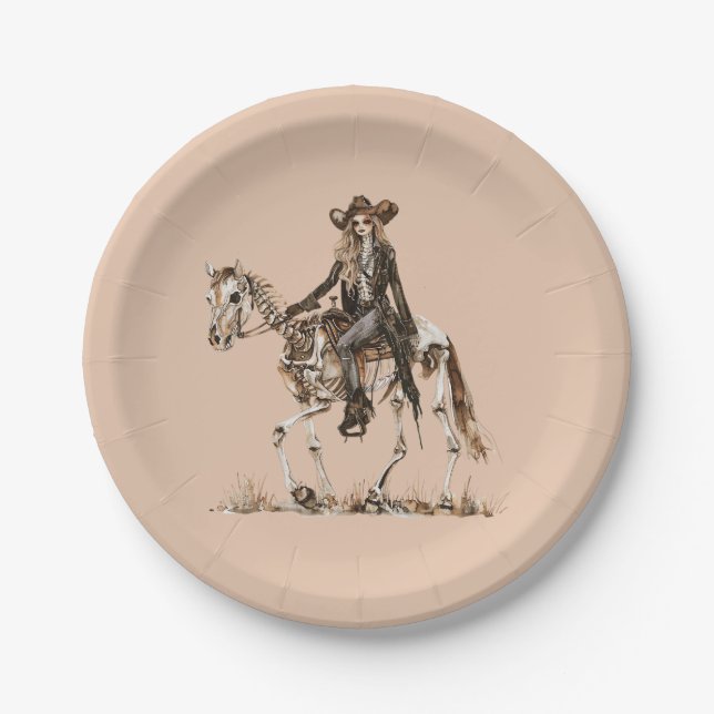 Plato De Papel Halloween Western Cowgirl Skeleton Horse (Anverso)