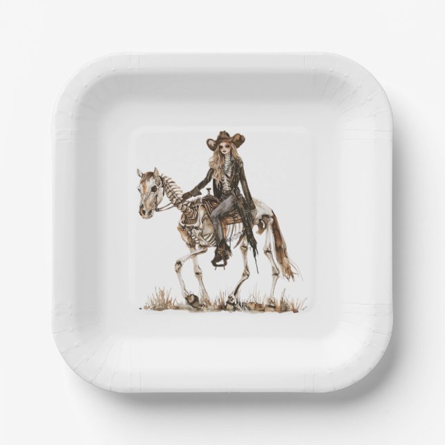 Plato De Papel Halloween Western Cowgirl Skeleton Horse (Anverso)