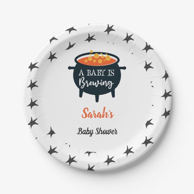 Plato De Papel Halloween Witch Baby Shower, nombre personalizado (Anverso)