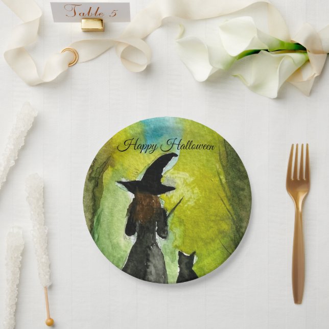 Plato De Papel Halloween Witch Black Cat Woman Spells (Boda)