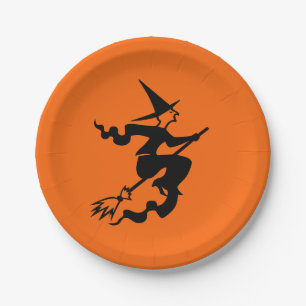 Plato De Papel Halloween Witch Broomstick Naranja Black 4Alex