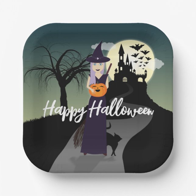 Plato De Papel Halloween Witch Pumpkin Black cat Tu texto (Anverso)