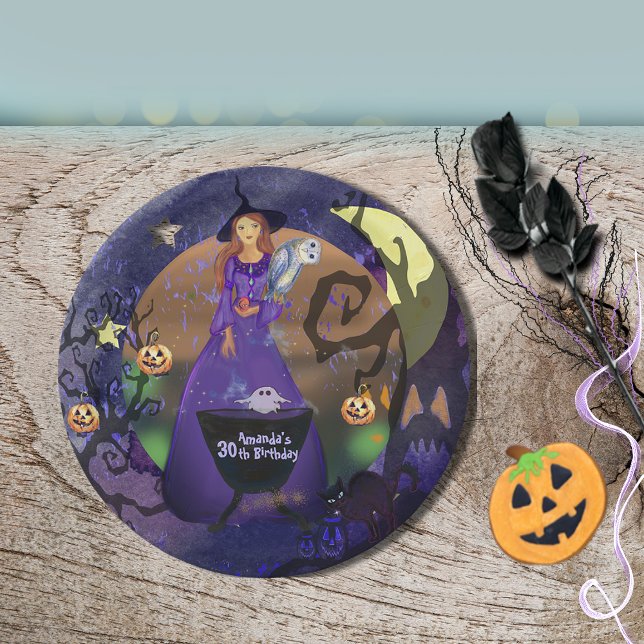 Plato De Papel Halloween Witch Purple Birday (Halloween Witch Purple Birthday Paper Plates)