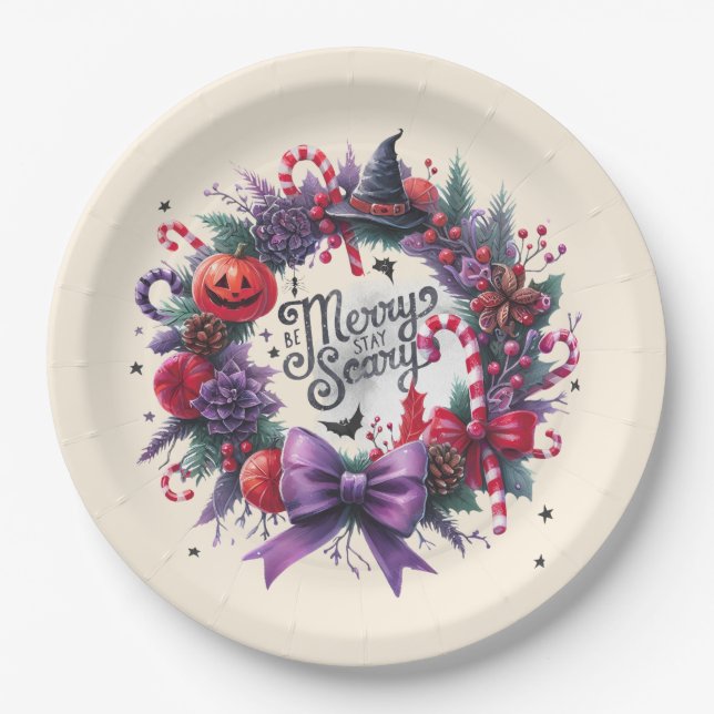 Plato De Papel Hallowmas Wreath Merry Scary Navidades Halloween (Anverso)