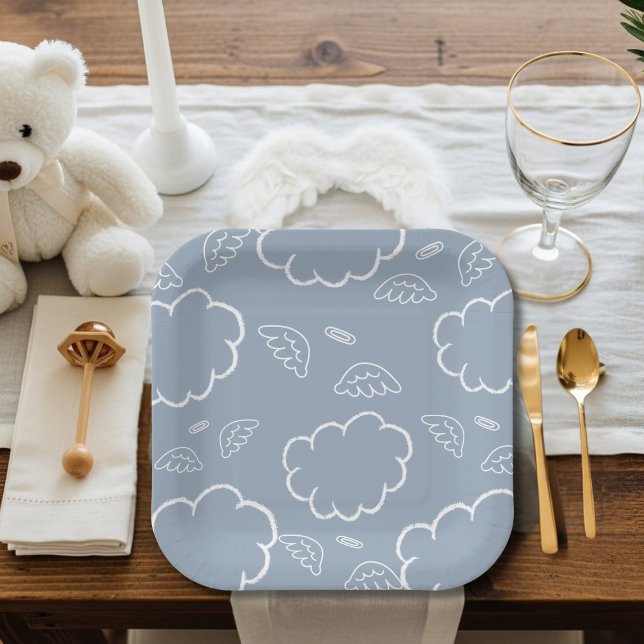 Plato De Papel  Halo de Nube Angelical Celestial Azul   (Heavenly Angel Halo Cloud Blue Paper Plates)