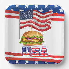 Plato De Papel Hamburguesa Americana 4 de Julio Día de la Indepen