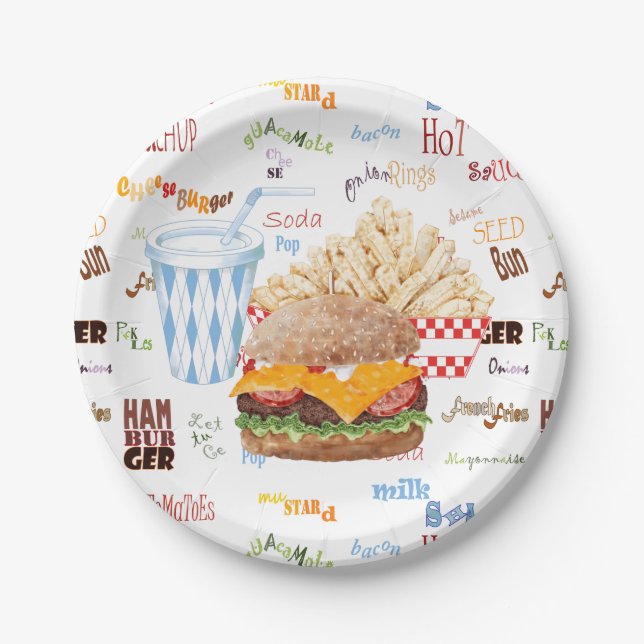 Plato De Papel Hamburguesa Fries Fast Food BBQ Diner (Anverso)