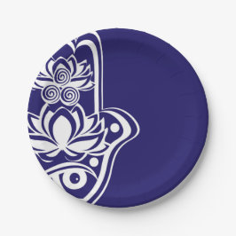 Plato De Papel Hamsa azul y blanco