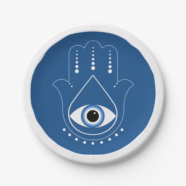 Plato De Papel Hamsa Hand Greek Evil Eye Blue (Anverso)