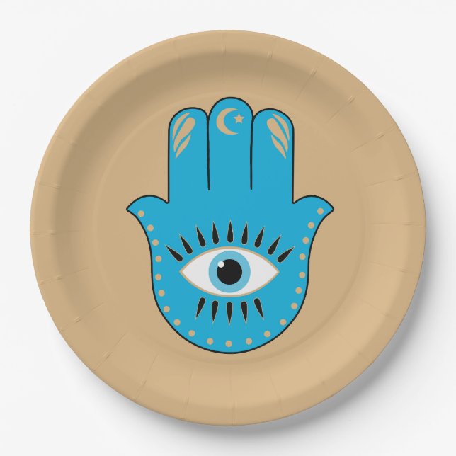 Plato De Papel Hamsa Hand Greek Evil Eye Blue (Anverso)