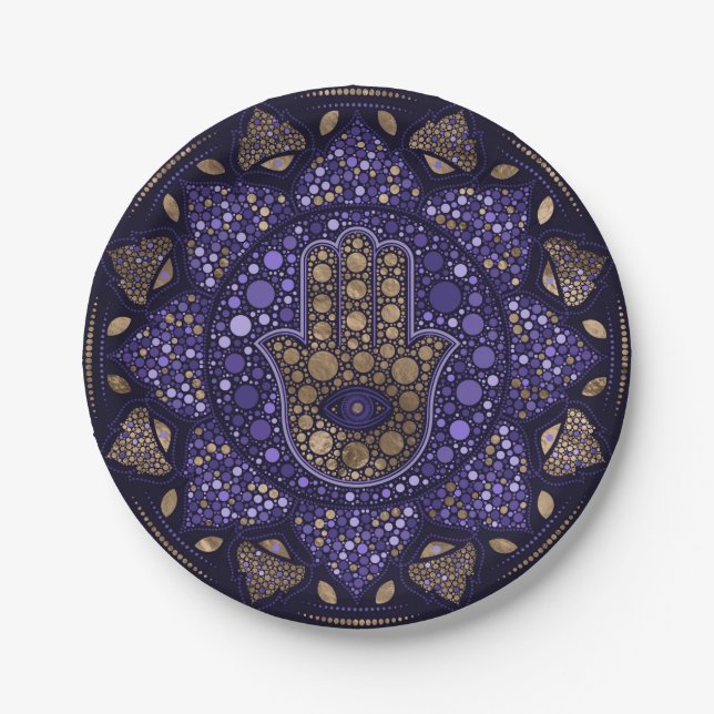 Plato De Papel Hamsa Mano-Mano de Fatima en Lotus mandala (Anverso)