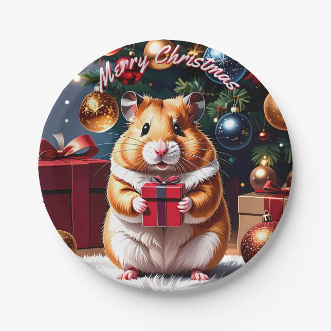Plato De Papel Hamster con Navidades de regalo (Anverso)