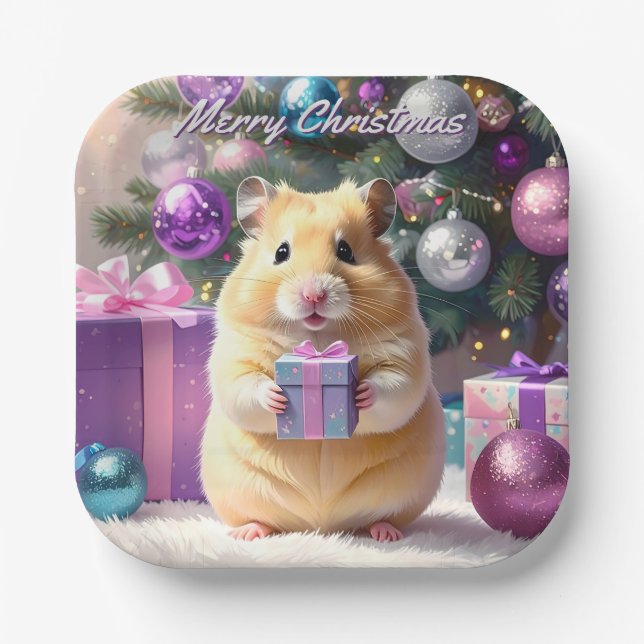 Plato De Papel Hamster con Navidades de regalo (Anverso)