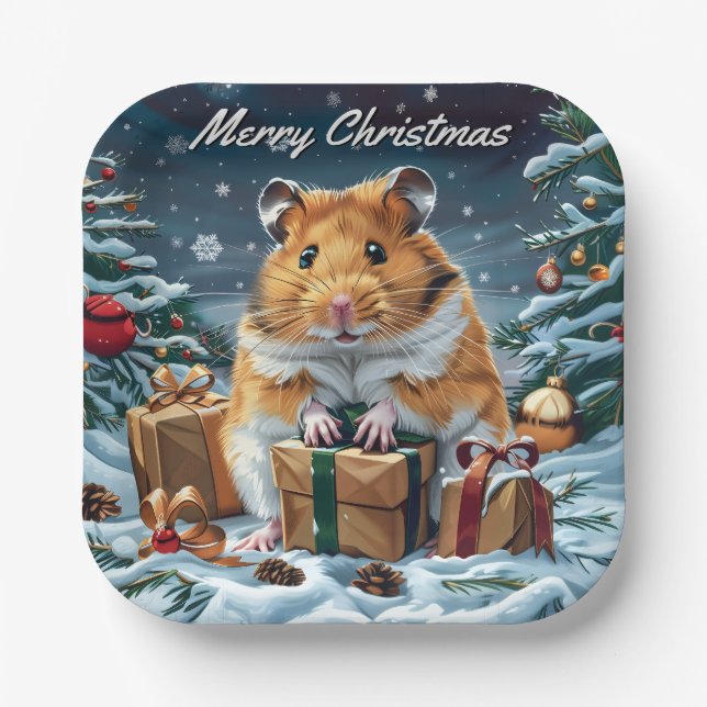 Plato De Papel Hamster con Navidades de regalos (Anverso)