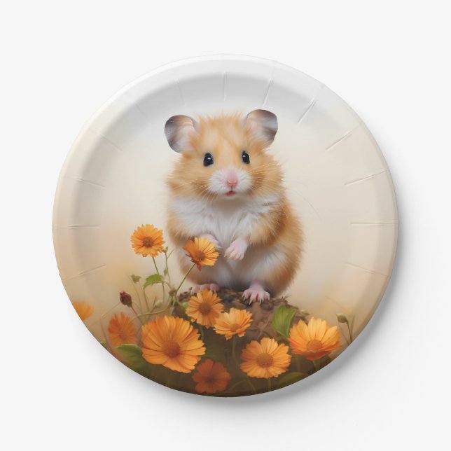 Plato De Papel Hamster Entre Flores Naranjas (Anverso)