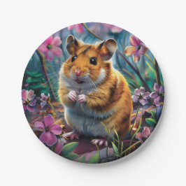 Plato De Papel Hámster entre las flores rosadas