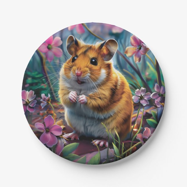 Plato De Papel Hámster entre las flores rosadas (Anverso)