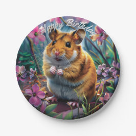 Plato De Papel Hámster entre las flores rosadas Cumpleaños