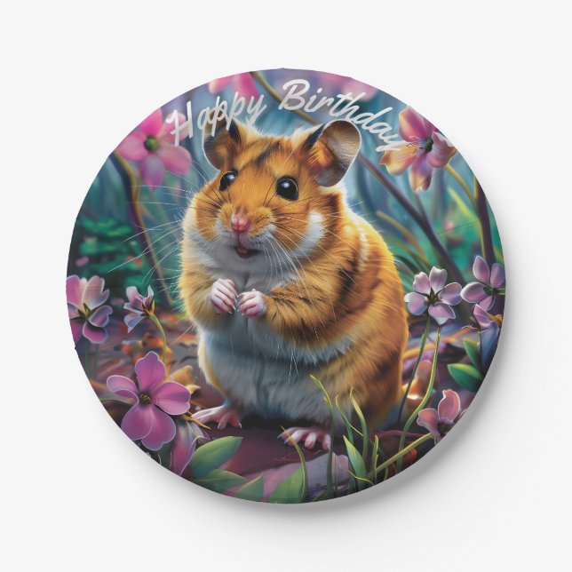 Plato De Papel Hámster entre las flores rosadas Cumpleaños (Anverso)