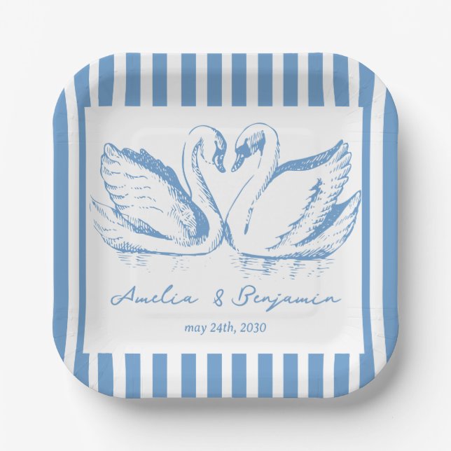 Plato De Papel hand drawn Blue Couple Swan Whimsical Wedding (Anverso)